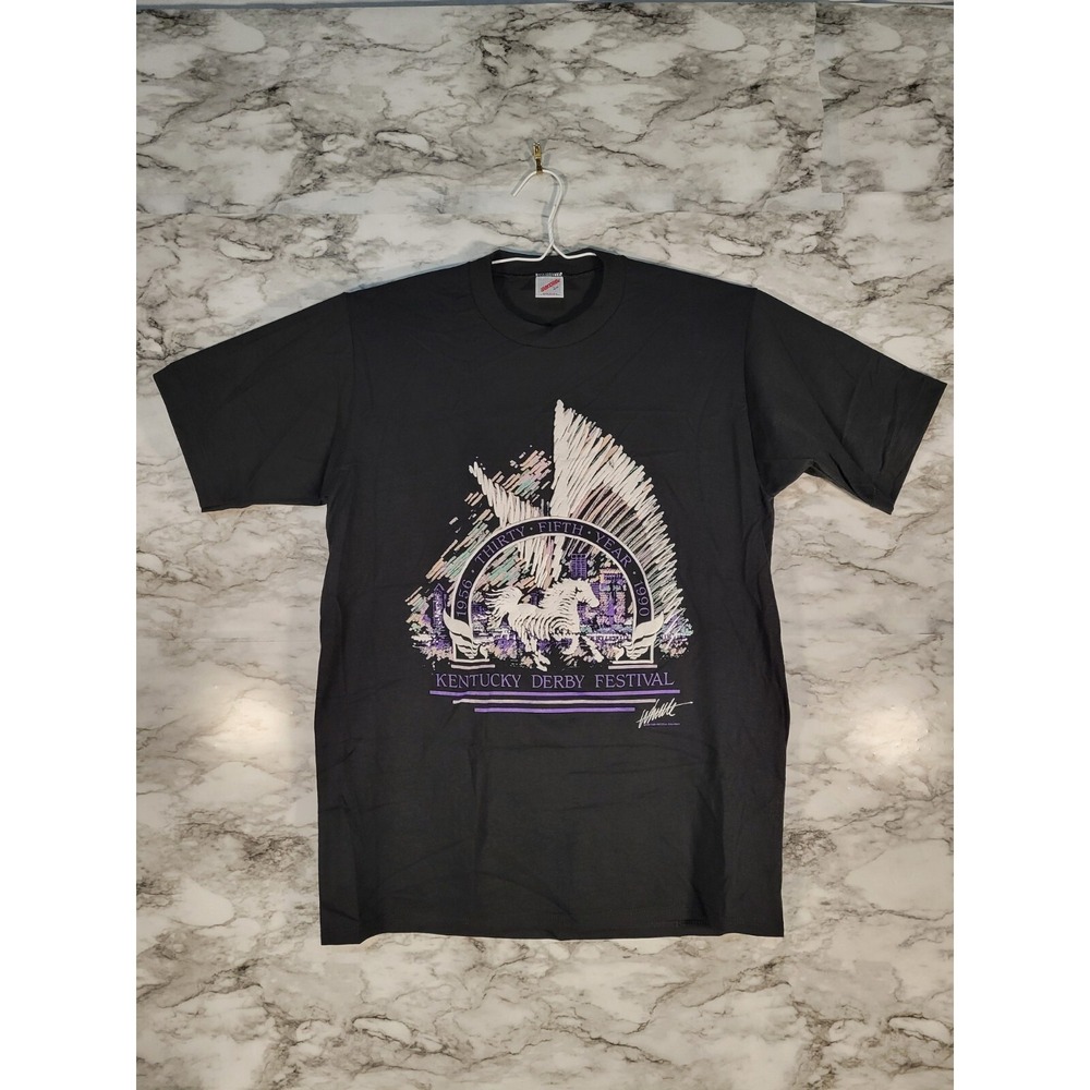 Vintage 1990 Kentucky Derby Festival Black Puff Print Single Stitch Sz L T-Shirt